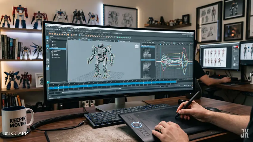Computer displaying 3D animation timeline and rendering process in a digital artist workspace.