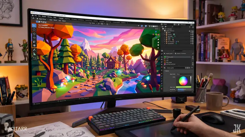 Stylized 3D scene rendered in Blender Eevee showing bright lighting and sharp shadows.