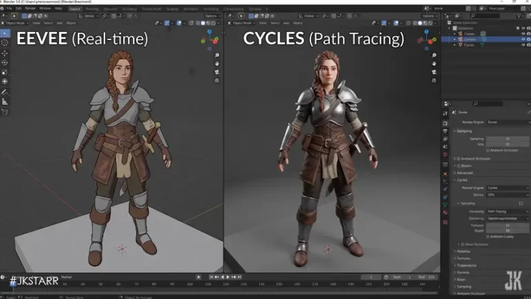 Side-by-side comparison of Eevee and Cycles render engines showing stylized real-time render and photorealistic lighting result in Blender.