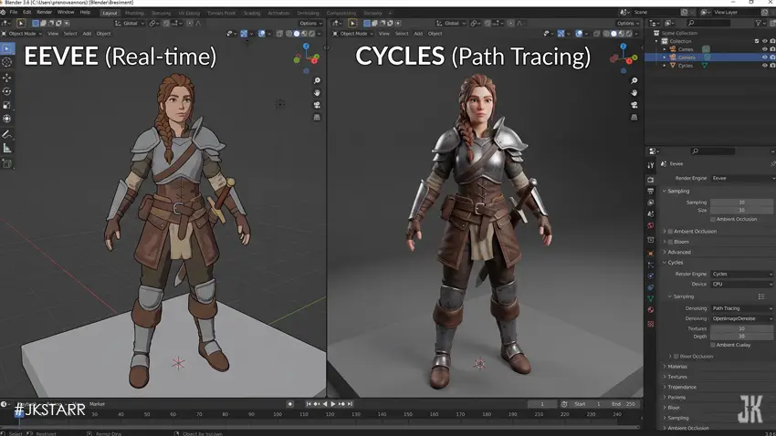 Side-by-side comparison of Eevee and Cycles render engines showing stylized real-time render and photorealistic lighting result in Blender.