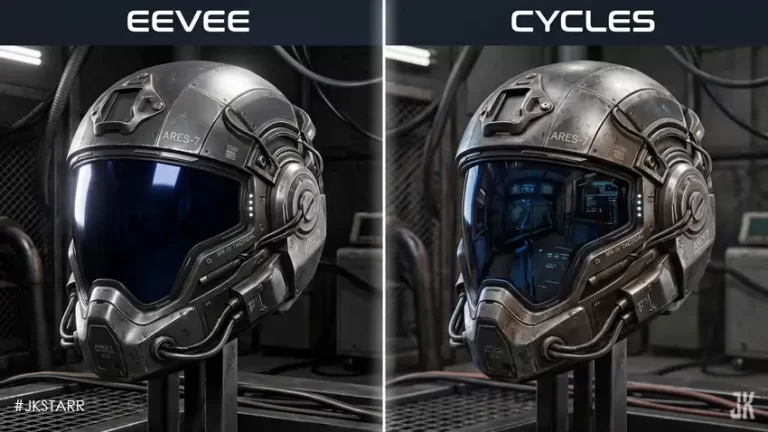 Comparison of Blender Eevee real-time render and Cycles photorealistic render in a side-by-side 3D scene.