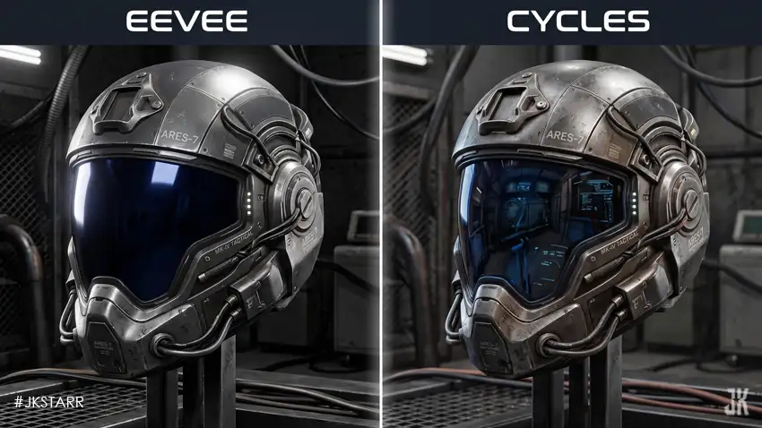 Comparison of Blender Eevee real-time render and Cycles photorealistic render in a side-by-side 3D scene.