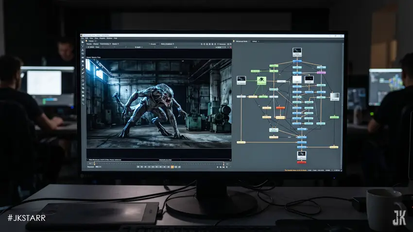 3D scene with dramatic lighting setup and soft shadows demonstrating realistic illumination in rendering.