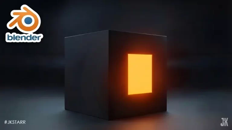 Blender 3D landscape YouTube thumbnail showing a dark cube with a glowing orange texture on the front face and the Blender logo on the top-left corner.