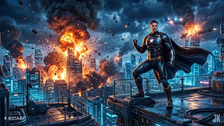 Superhero movie scene with epic VFX explosions and digital destruction effects