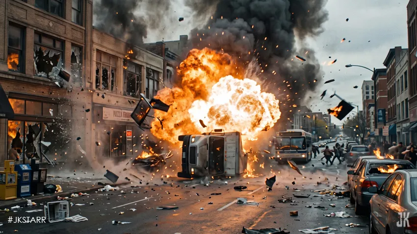 Cinematic VFX explosion simulation with flying debris and fire physics in movies