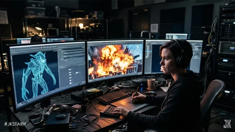 VFX artist working on explosions and creature creation in a digital studio