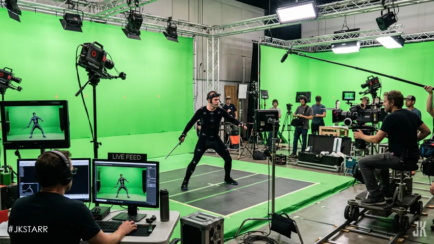 Actor in motion capture suit and green screen setup during superhero movie production