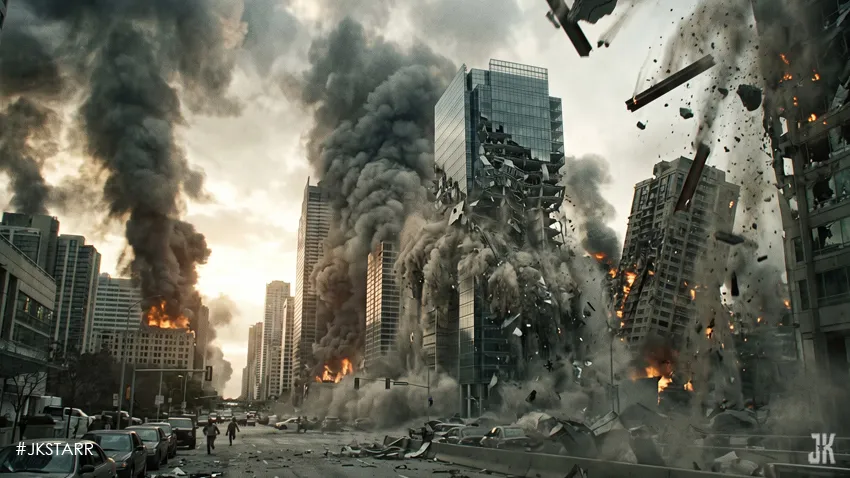 Large-scale city destruction and physics simulation effects in superhero films